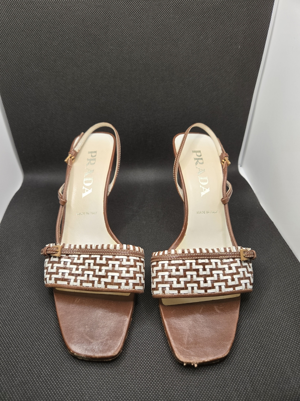 Prada Brown and White Woven Leather Slingback Heels